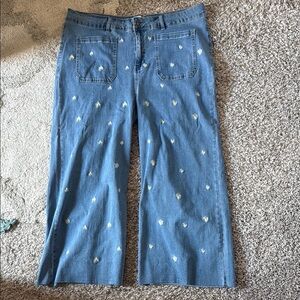 Blue Wide-Leg Jeans with Floral Embroidery